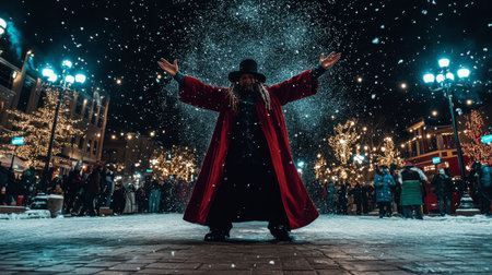 A captivating winter night scene showcasing a man in a red coat amidst falling snow, surrounded by festive lights and a joyful crowd celebrating the holiday spirit.の素材