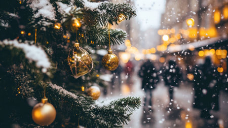 A close-up view of a decorated Christmas tree with snow, set against a bustling holiday market. Warm lights and festive ornaments create a cheerful atmosphere.の素材