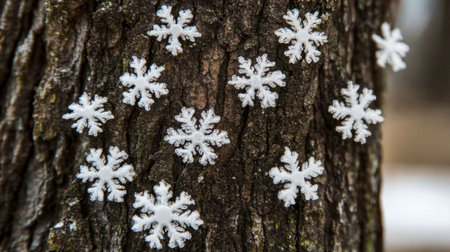 Charming snowflakes decorate a tree bark, creating a serene winter scene. This image captures the beauty and tranquility of nature in cold seasons.の素材