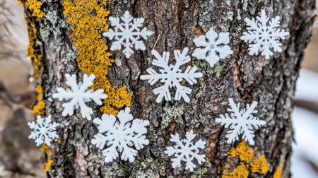 Snowflakes adorn the textured bark of a tree, showcasing a beautiful winter scene. The vibrant contrast of white and earthy tones creates a serene atmosphere.の素材