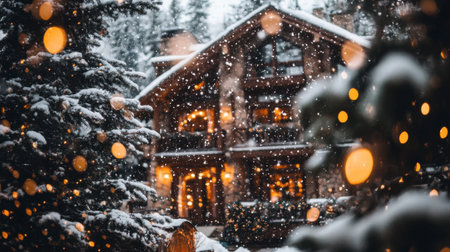 A charming cabin nestled in a snowy forest, illuminated by warm lights. The serene atmosphere evokes feelings of coziness and holiday cheer, making it a perfect winter retreat.の素材