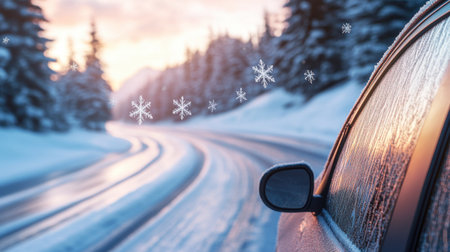 A frosty car side view captures a serene winter road at sunset, with fresh snow and tall trees lining the route. Ideal for winter travel themes.の素材