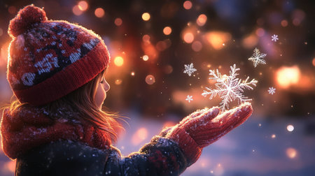 A joyful child holding a delicate snowflake in a serene winter landscape, surrounded by soft snow and warm glowing lights, capturing the magic of the season.の素材