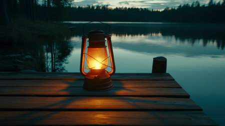 A vintage lantern illuminates a serene lake scene at dusk, casting a warm glow on the still waters, surrounded by a tranquil forest atmosphere.の素材