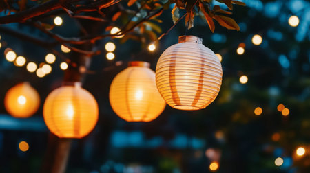 Softly glowing lanterns hang in a serene garden, creating a warm and inviting atmosphere. Perfect for festive occasions or peaceful evenings outdoors.の素材
