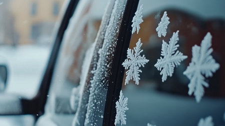 Close-up view of a car window covered in snowflakes and frost. The icy details create a beautiful winter scene, capturing the essence of the season.の素材