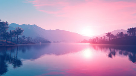 A breathtaking sunset casts a soft pink light over a calm lake surrounded by mountains and trees, creating a tranquil and peaceful atmosphere in nature.の素材