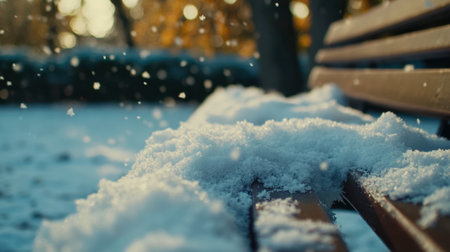 A close-up view of a wooden park bench covered in fresh snow, capturing the serene beauty of winter and the peaceful atmosphere of nature.の素材