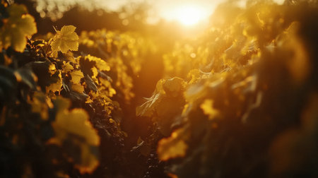 A picturesque vineyard bathed in soft golden light during sunset. The image captures the serene beauty of nature, showcasing vibrant leaves and a tranquil atmosphere.の素材