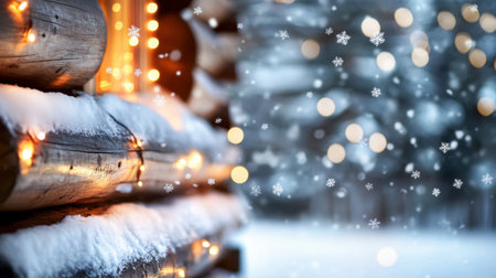 A cozy winter cabin adorned with warm lights, surrounded by soft snowfall and a blurred forest background, capturing the essence of a serene holiday season.の素材