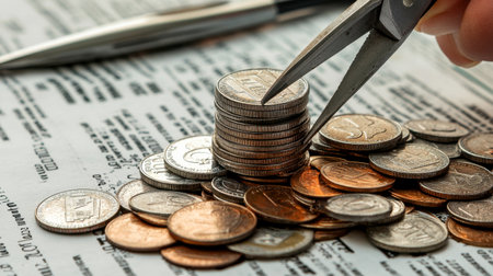 A close-up view of a hand using scissors to cut costs represented by stacked coins, set against financial documents that highlight budgeting and savings strategies.の素材
