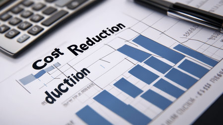 A close-up view of a cost reduction report featuring charts, numbers, and a calculator. This image highlights financial analysis and budgeting strategies.の素材