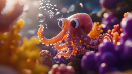 Discover a vibrant octopus playfully navigating a colorful coral reef. This underwater scene features a lively marine environment filled with bubbles and stunning biodiversity.の素材
