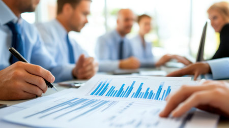 A professional team engaged in a meeting, analyzing financial reports and data charts. The setting showcases collaboration and strategic planning in an office environment.の素材