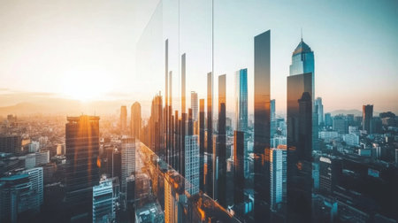 Stunning view of a vibrant urban skyline at sunrise, showcasing modern architecture and reflective glass buildings against a colorful sky.の素材