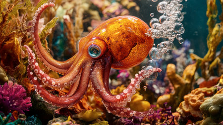 A vibrant octopus swims gracefully among a colorful coral reef, surrounded by bubbles and flourishing marine life, showcasing the beauty of underwater ecosystems.の素材