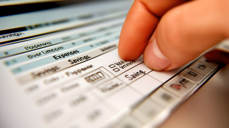 A close-up shot of a finger pointing at an expense sheet featuring savings options. This image reflects financial planning, organization, and careful management of personal or business finances.の素材