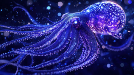Explore the beauty of a colorful octopus illuminated in a vibrant underwater scene, showcasing its unique tentacles and surreal aquatic environment.の素材
