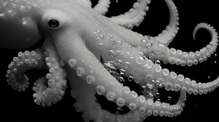 This striking monochrome image features an elegant octopus surrounded by bubbles, showcasing its intricate texture and fluid movements in a captivating underwater scene.の素材