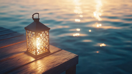 A beautifully crafted lantern emitting a warm glow sits on a wooden pier beside calm water at sunset, creating a serene and peaceful atmosphere perfect for relaxation.の素材