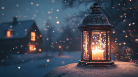 A warm lantern casts a soft glow in a snowy winter scene. Flakes of snow fall gently around the illuminated candle, creating a peaceful and cozy atmosphere.の素材
