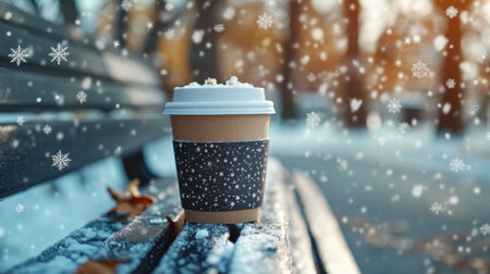 A warm coffee cup sits on a snowy park bench, surrounded by a serene winter landscape. Perfect for conveying coziness and seasonal enjoyment.の素材