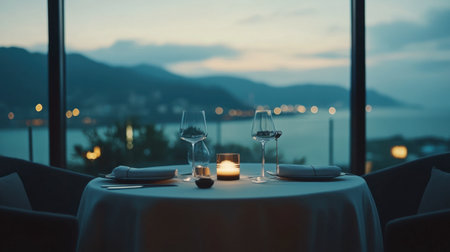 A beautifully set table for two with candlelight, overlooking a serene waterfront view at dusk. Perfect for romantic dinners and special occasions.の素材