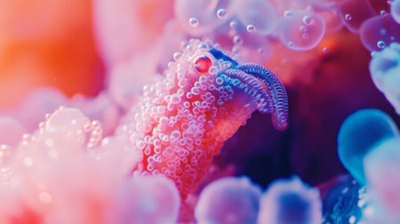 A mesmerizing underwater scene featuring a colorful creature among soft bubbles, showcasing the vibrant beauty of marine life in an abstract environment.の素材