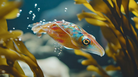A vibrant squid swims gracefully through underwater kelp, showcasing its colorful patterns. This captivating marine scene highlights ocean biodiversity and serene aquatic beauty.の素材