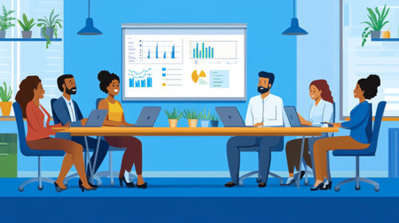 A diverse team of professionals engages in a collaborative meeting. They discuss strategies using laptops and data presentations in a modern office setting.の素材