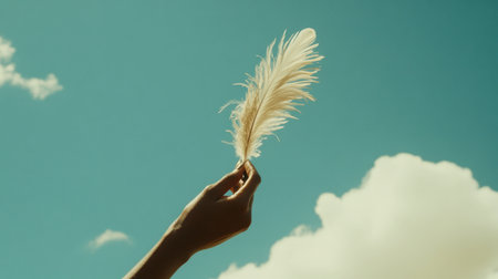 A serene image of a hand holding a delicate feather against a bright blue sky dotted with soft clouds. It evokes feelings of tranquility and creativity.の素材