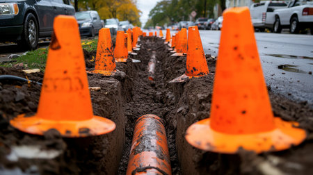 A construction site featuring a trench dug for pipe installation, surrounded by bright orange traffic cones for safety. Urban infrastructure work in progress.の素材
