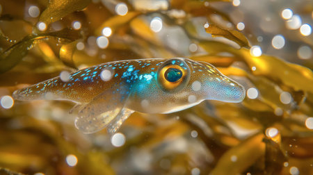 A vibrant squid gracefully swims among underwater plants, showcasing its stunning colors. This captivating image captures the essence of marine life thriving in its natural habitat.の素材