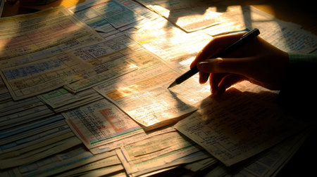A close-up image showcasing a hand writing on scattered papers illuminated by natural light, creating an artistic and organized workspace atmosphere perfect for study or analysis.の素材