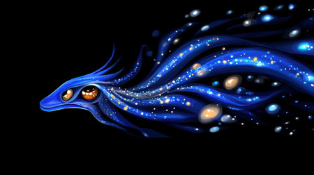 This vibrant digital artwork features a mystical blue creature flowing through a cosmic landscape, intertwined with glowing stars and ethereal energy.の素材