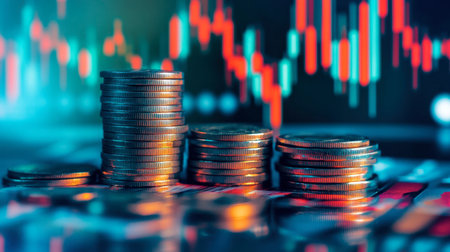 A visually striking image featuring stacked coins against a vibrant financial chart. This representation of wealth and investment showcases growth potential in the stock market.の素材