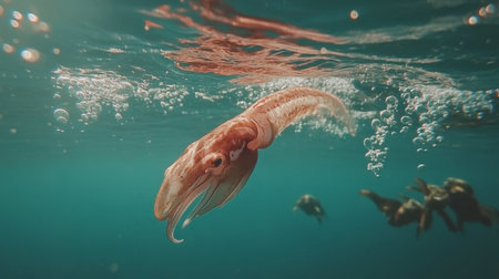 A vibrant squid gracefully swims through clear ocean waters, surrounded by bubbles and a serene underwater environment, showcasing the beauty of marine life.の素材