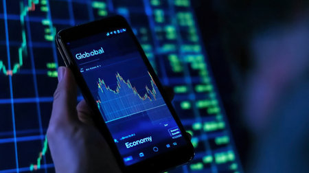 A close-up view of a hand holding a smartphone displaying stock market trends and economic data, illustrating modern finance technology and analytics.の素材