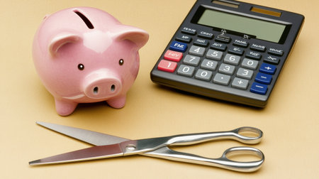 A piggy bank, calculator, and scissors represent essential tools for budgeting and saving money. They symbolize effective personal finance management and expense cutting.の素材