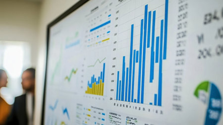 Close-up view of a data analytics display featuring various charts and graphs, capturing the essence of business growth and performance metrics in a professional setting.の素材