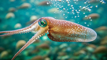 A stunning close-up of a vibrant octopus gracefully swimming underwater, showcasing its intricate texture and brilliant colors in a natural marine environment.の素材