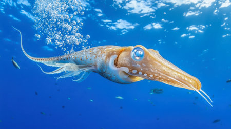 A vibrant squid gliding through clear ocean waters, surrounded by bubbles and marine life. A breathtaking view of underwater beauty and tranquility.の素材