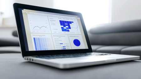 A laptop displaying various data graphs and charts, ideal for business professionals analyzing performance metrics in a modern workspace setting.の素材