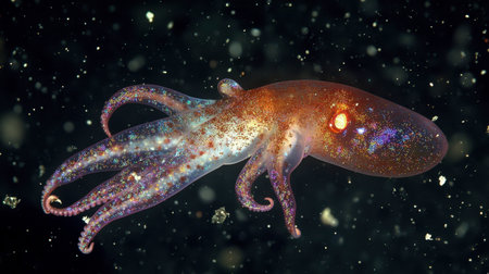A vibrant squid swims gracefully in the dark ocean, showcasing its colorful patterns and tentacles. This captivating marine life is a stunning example of underwater biodiversity.の素材