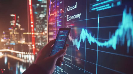 A person analyzing global economy data on a smartphone against a vibrant city skyline at night. The image captures technology in business analytics.の素材