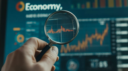 A close-up view of a hand holding a magnifying glass over financial charts, symbolizing in-depth analysis of economic trends and data insights.の素材