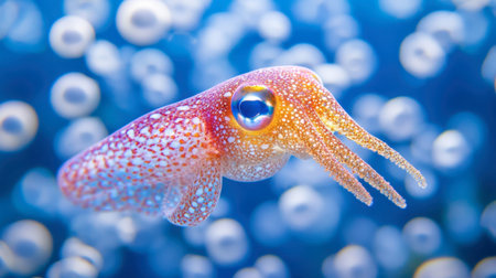 A vibrant squid captivates with its colorful appearance while swimming gracefully in a blue ocean environment, showcasing the beauty of marine life.の素材