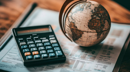 A calculator rests on financial documents next to a globe, representing global business, investment, and analysis, ideal for finance-related themes.の素材