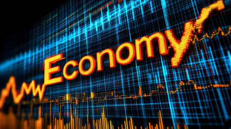 Dynamic visualization of the economy with fluctuating charts and graphs. Bright colors represent economic growth, trends, and financial analytics.の素材