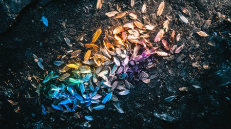 A vibrant arrangement of colorful feathers lays on a dark surface, showcasing a blend of hues and intricate textures, perfect for artistic projects.の素材